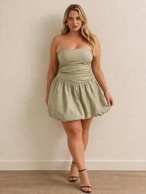 Reformation Clea Mini Dress Dried Herbs Green Ruched Bust Bubble Skirt Size 12